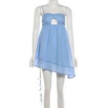 Women's Bohemian Style Spaghetti Strap Mini Dress, Sleeveless With Tassel Hem, Summer Exquisite Hollow-Out Design - Blue - View 11