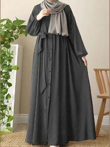 Elegant Arabic Style Solid Color Lantern Sleeve Long Loose Comfortable Abaya - Grey - View 2