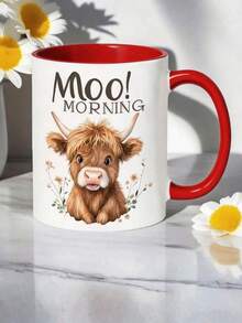 11oz Ceramic Mug - Highland Cow Pattern With "Moo! Morning" Text, High Quality Ceramic, Cute Farm Themed Cup - Black - View 8