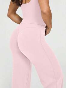 Estos pantalones anchos de yoga de unicolor son cómodos y estilizadores, adecuados para correr, hacer ejercicio y diversas actividades de yoga.Primavera - Rosa - Ver 5