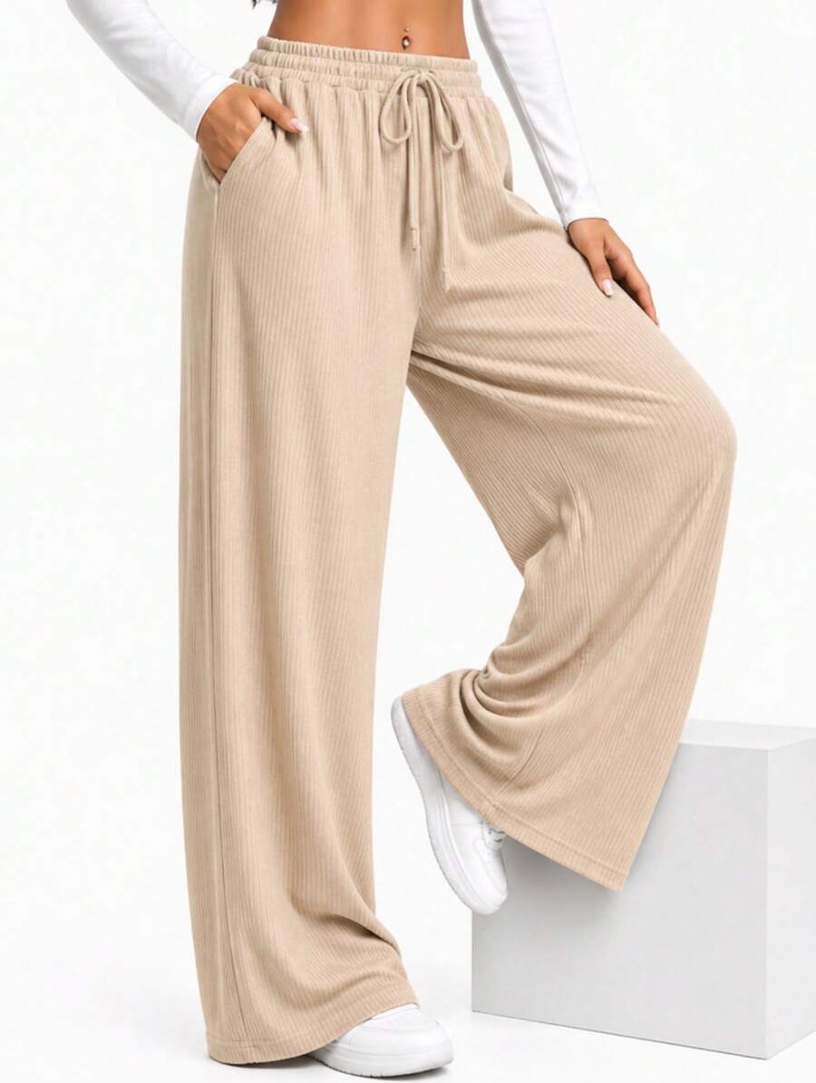 Women's Ribbed Wide-Leg Pants, High Waist, With Drawstring, Comfortable And Casual, Sizes P To G2 Plus Size - 米色 - 查看 1