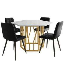 Dining Room Table And Chairs Set (5 Pieces), Modern Hexagonal Marble Table + 4 Black Velvet Chairs To Create A Warm And Contemporary Atmosphere, Gold Table Legs - White + Gold + Black - View 12