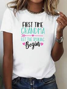 Comfortable Casual Short Sleeve T-Shirt With Heart And Arrow Print For New Grandmothers, Ideal For Running And Sports, Stylish And Fun, Soft And Breathable, Short Sleeve T-Shirt For Outdoor Sports, Elegant For Parties, Unisex, Matching Sets For Couples Or Sisters - 白色 - 查看 1