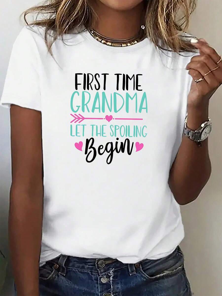 Comfortable Casual Short Sleeve T-Shirt With Heart And Arrow Print For New Grandmothers, Ideal For Running And Sports, Stylish And Fun, Soft And Breathable, Short Sleeve T-Shirt For Outdoor Sports, Elegant For Parties, Unisex, Matching Sets For Couples Or Sisters - 白色 - 查看 1