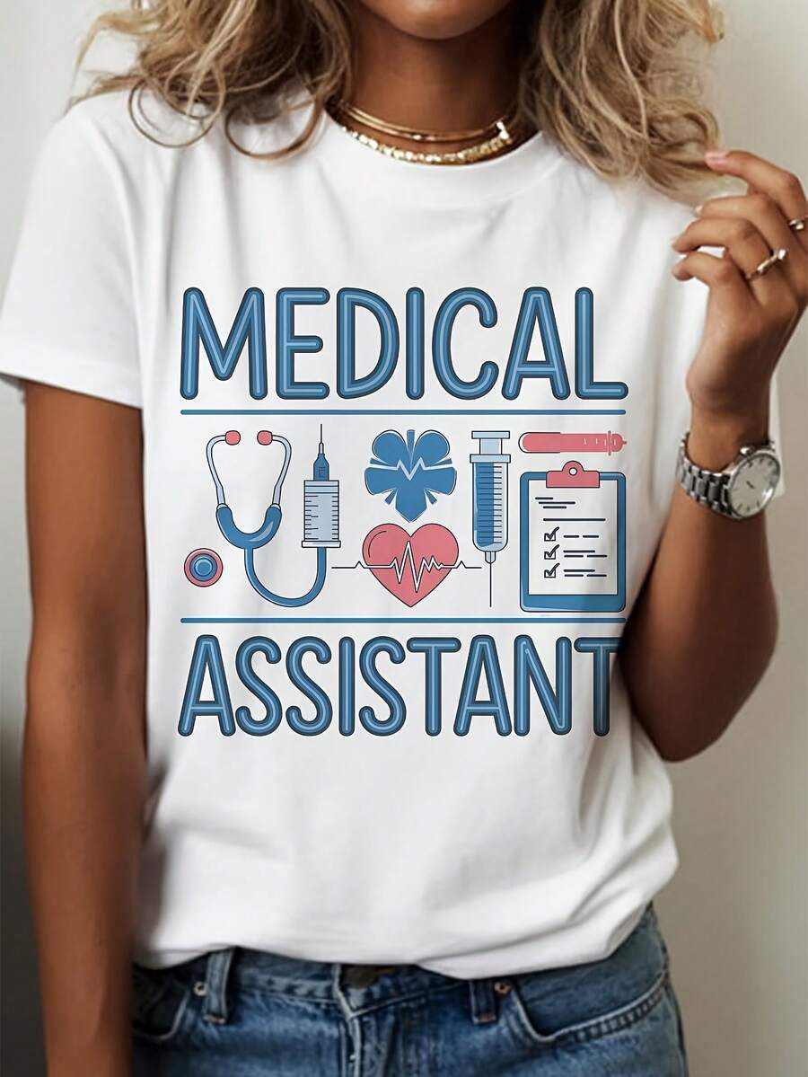 Women's Assistant Print T-Shirt - Short Sleeve White Theme T-Shirt With Stethoscope And Heart Design, Stretchy Office Top Suitable For Nurses, LPNs, Receptionists - Machine Washable Casual Top, Comfortable And Breathable Fabric, Stylish - 白色 - 查看 1