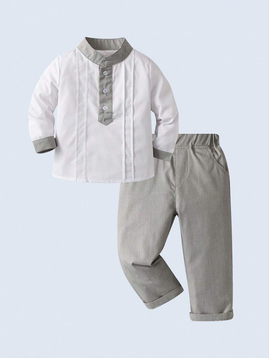 BOARNSEORL Ținută la modă pentru băieți, 2 buc. - cămașă albă și pantaloni gri, potrivită pentru petrecere de ziua de naștere, nuntă, ocazii formale - Gri - Vizualizare 1