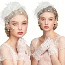 2-Piece Elegant Vintage Style Hat And Gloves Set, With Mesh Veil Accessory, French Elegant Romantic Solid Color Mesh Veil Hat And Lace Gloves Set - White - View 5