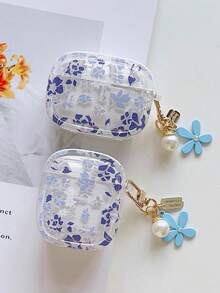 奢华蓝色花朵图案金属蓝色花朵吊坠无线蓝牙耳机高级保护套，兼容苹果4/3/Pro/Pro2/Pro3/1/2，防震蓝牙耳机保护套，春季生日礼物，复活节礼物 - 藍色 - 查看 6