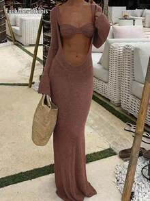 Nuevo vestido de primavera/verano para mujer: Vestido de punto largo con escote en V profundo, cintura ajustada y diseño calado, apropiado para la playa, el mar y las vacaciones de natación - Café rojo - Ver 10