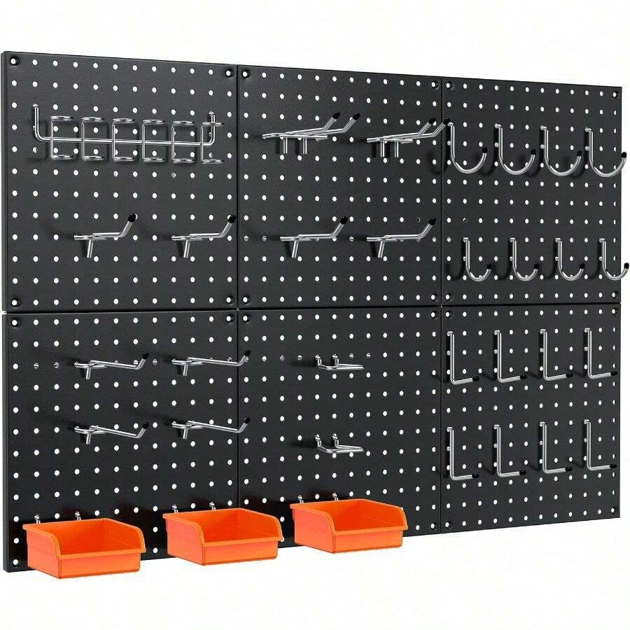 Peg Board, 70PCS Heavy Duty Metal Pegboard With Hooks, 6 Pack Black Peg Board Panels, 50lbs Load Capacity Each, Pegboard Wall Organizer For Garage, Workshop, Craft Rooms Total 24" X 36" - Black - View 1
