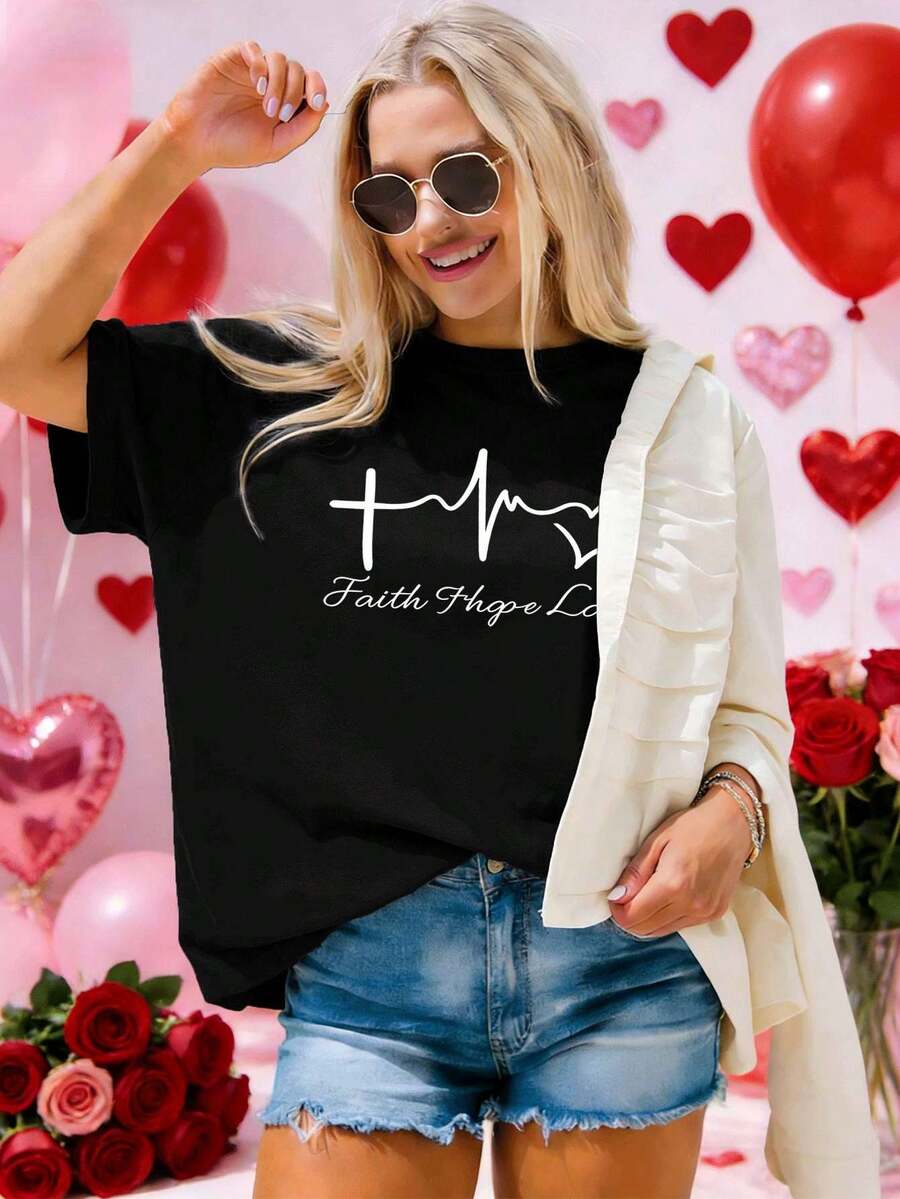Maglietta da donna con stampa grafica Faith Hope Love, cotone di prima qualità, vestibilità comoda, traspirante, street hip-hop, stampa artistica - nero - Visualizzare 1