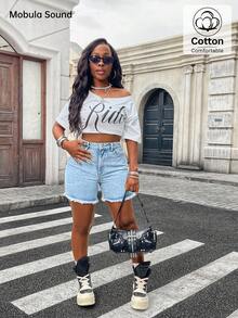 Mobula Sound Casual Washed Denim Shorts, Versatile Fashion For Spring/Summer, Suitable For Vacation, Daily Commute, And Travel - Blue - View 5