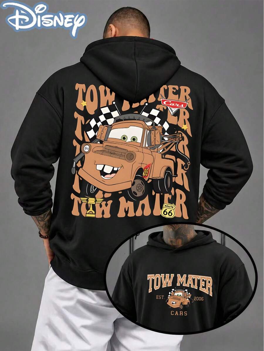 Disney Official Licensed Cars Tow Mater Oversized Hoodie Men Back Print Tow Mater 66 Graphic Casual Streetwear Pullover - 黑色 - 查看 1