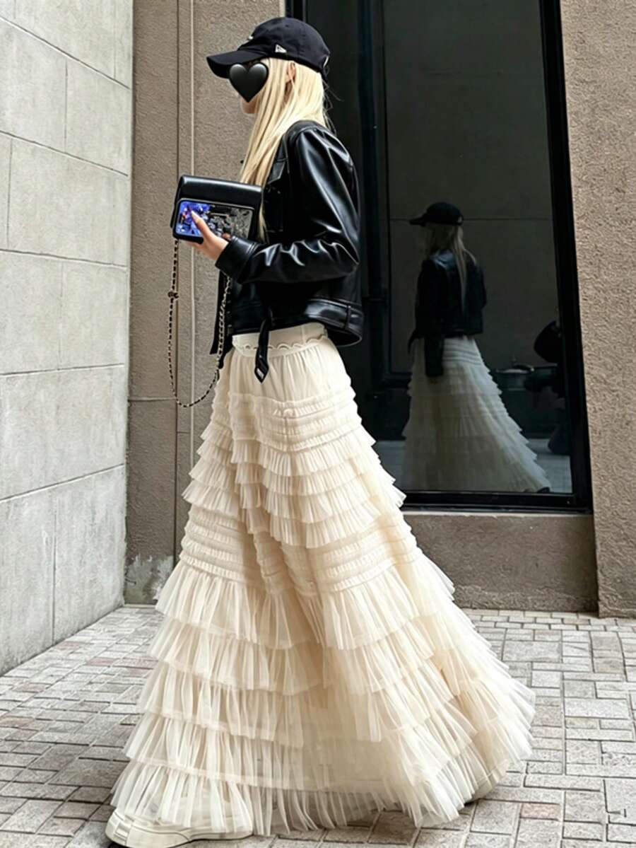 2026 Falda de cintura alta con diseño de volantes de malla multicapa para mujer, nueva para el verano - Albaricoque - Ver 1