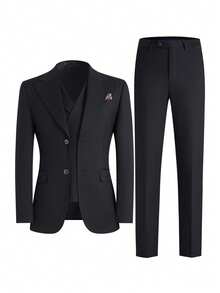 2026 Trending Men's 3-Piece Suit Set - Peak Lapel Blazer, Vest & Dress Pants | Classic Solid Formal Wear For Wedding Guest, Business & Prom (Easy-Care Poly-Viscose Blend) - 黑色 - 查看 9