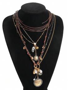 Vintage Multi-Layer Mixed Craft Women Necklace, Leather Cord Metal Chain With Coin & Pearl Pendant - Multicolor - View 4