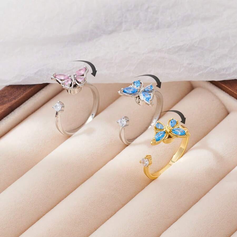 1 chiếc nhẫn hình bướm điều chỉnh được dành cho nữ, giúp giảm lo âu, thích hợp làm trang sức cưới, giảm căng thẳng, đeo hàng ngày. - Bạc - Xem 1