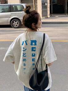 女款圓領寬鬆休閒日系卡通印花短袖T恤，春/夏 - 淺花灰 - 查看 3