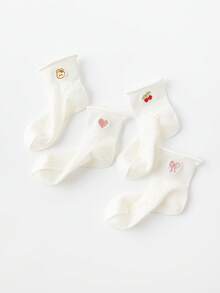 4 Pairs Girls' Sweet Embroidered Socks, White Mesh Breathable Ankle Socks, Cute Patterns Of Cherry / Heart / Bow, Suitable For School And Daily Wear - White - View 7