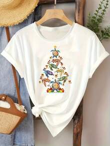 Top de cuello redondo de manga corta casual para mujeres, con un estampado elegante y diseñado para la comodidad cotidiana - Blanco - Ver 2