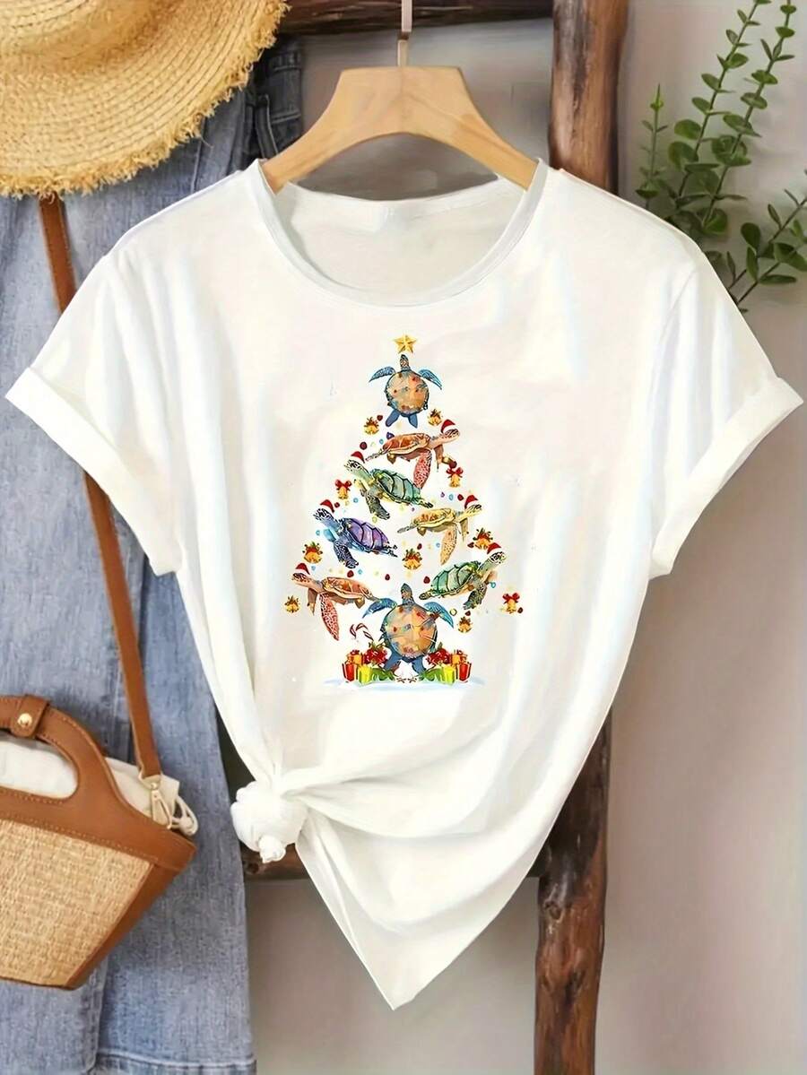 Top de cuello redondo de manga corta casual para mujeres, con un estampado elegante y diseñado para la comodidad cotidiana