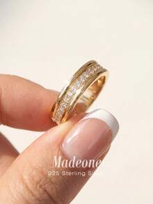 MADEONE 1枚925纯银优雅时尚单排立方氧化锆戒指，基础款单戒，精致首饰，适合作为生日、派对、婚礼礼物送给女性。 - 款式1 - 查看 3