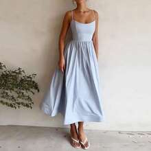 2026 Spring New Women's Clothing, Cross-Border European And American Dress, Sexy Waist-Cinching Pleated Solid Color Large Hem Strap Dress - 藍色 - 查看 10