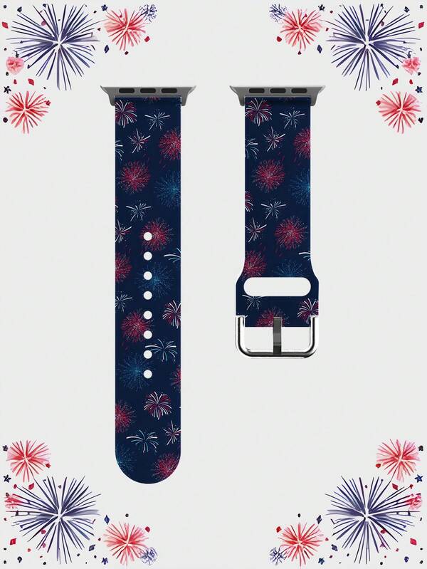 1 pieza Correa de reloj de silicona con patrón de fuegos artificiales en rojo, azul y blanco, suave, elástica, transpirable y cómoda, reemplazo compatible con Samsung, Honor y otros relojes inteligentes, también se ajusta a 38mm, 40mm, 41mm, 42mm, 44mm, 45mm, 49mm