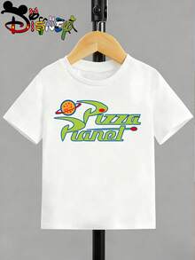 Disney Licensed Toy Story "Pizza Planet" Double-Sided Print Kids' T-Shirt, Cute Cartoon Casual Tee, Perfect For Daily Wear, School Activities, Family Outings And Theme Park Trips, Shipped From Local Warehouse - trắng - Xem 2
