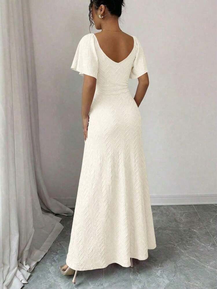 Elenzya Vestido morado claro con cuello en V, mangas con volantes, cintura plisada y abertura, vestido elegante de dama de honor, vestido de fiesta, primavera/verano - Albaricoque - Añade 2