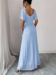sfvsElenzga Vestido morado claro con cuello en V, mangas con volantes, cintura plisada y abertura, vestido elegante de dama de honor, vestido de fiesta, primavera/veranovfdw 42OE - Azul - Ver 2