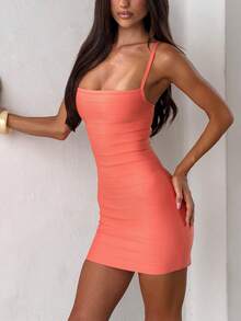 Women Halter Bandage Mini Dress, Sexy Backless Bodycon Sleeveless Party Clubwear, Slim Fit Striped Knit Cocktail Dress For Nightclub Evening - 橘色 - 查看 3