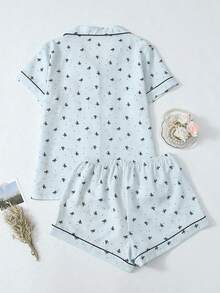 Bow Print Short Sleeve & Shorts Pajama Set For Women - Baby Blue - View 7