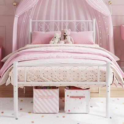 Metal Bed Frame - Headboard And Footboard With Iron Heart Design, Twin Size Platform Bed For Boys And Girls, No Box Spring Needed, Easy Assembly