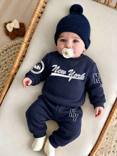 2pcs Baby Boy Letter Print Crew Neck Long Sleeve Warm Sweatshirt And Pants Set