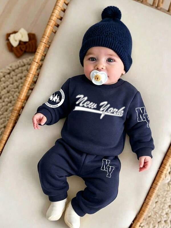 2 piezas Conjunto de sudadera de cuello redondo de manga larga con estampado de letras y pantalones para bebé niño