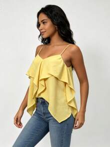 Thin Strappy Top With Pleats And Irregular Hem - Yellow - View 2