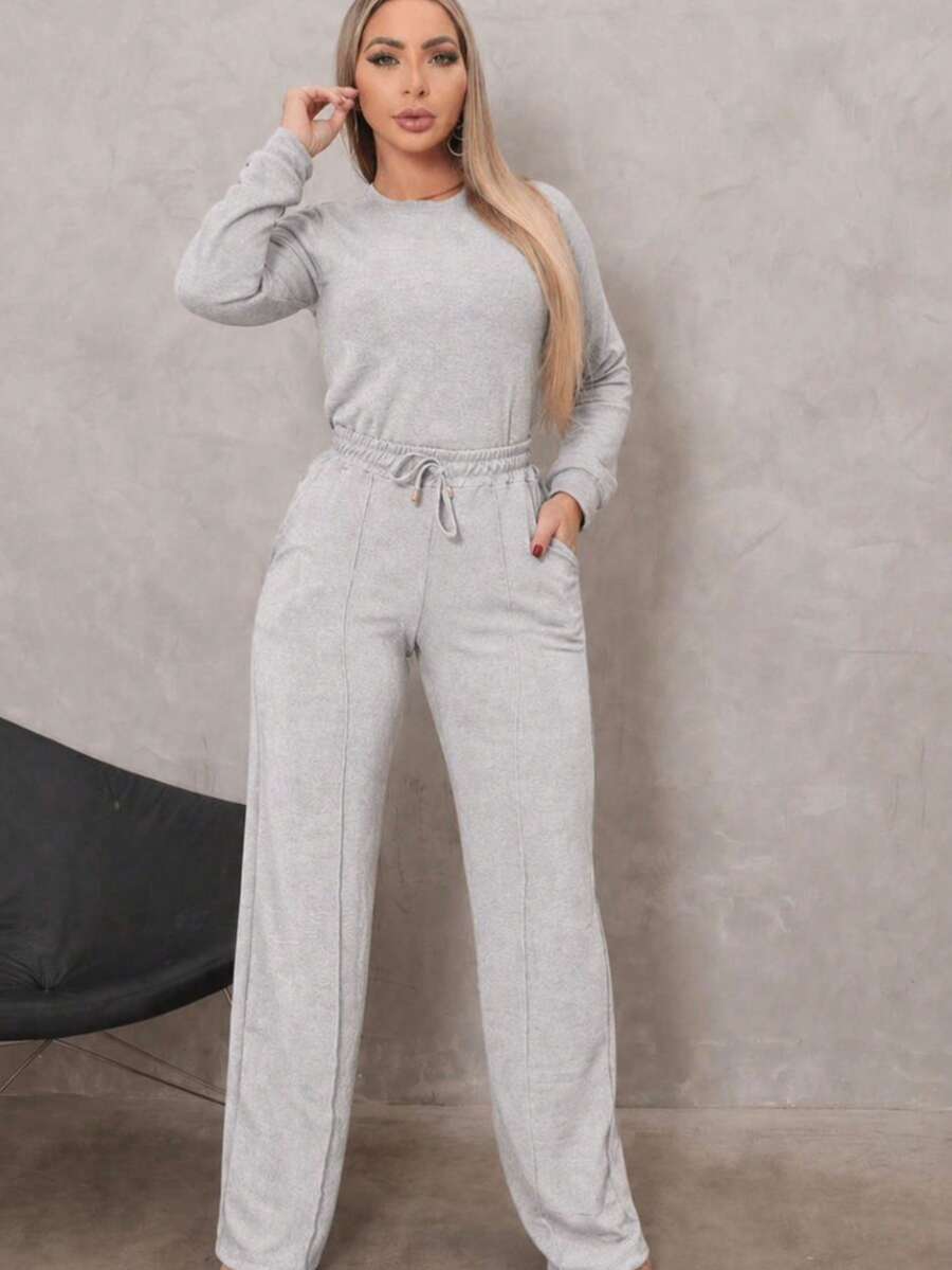 Women's Set: Wide Leg Pants And Long Sleeve Ribbed Knit Top - Premium Winter Casual Chic - 灰色 - 查看 1
