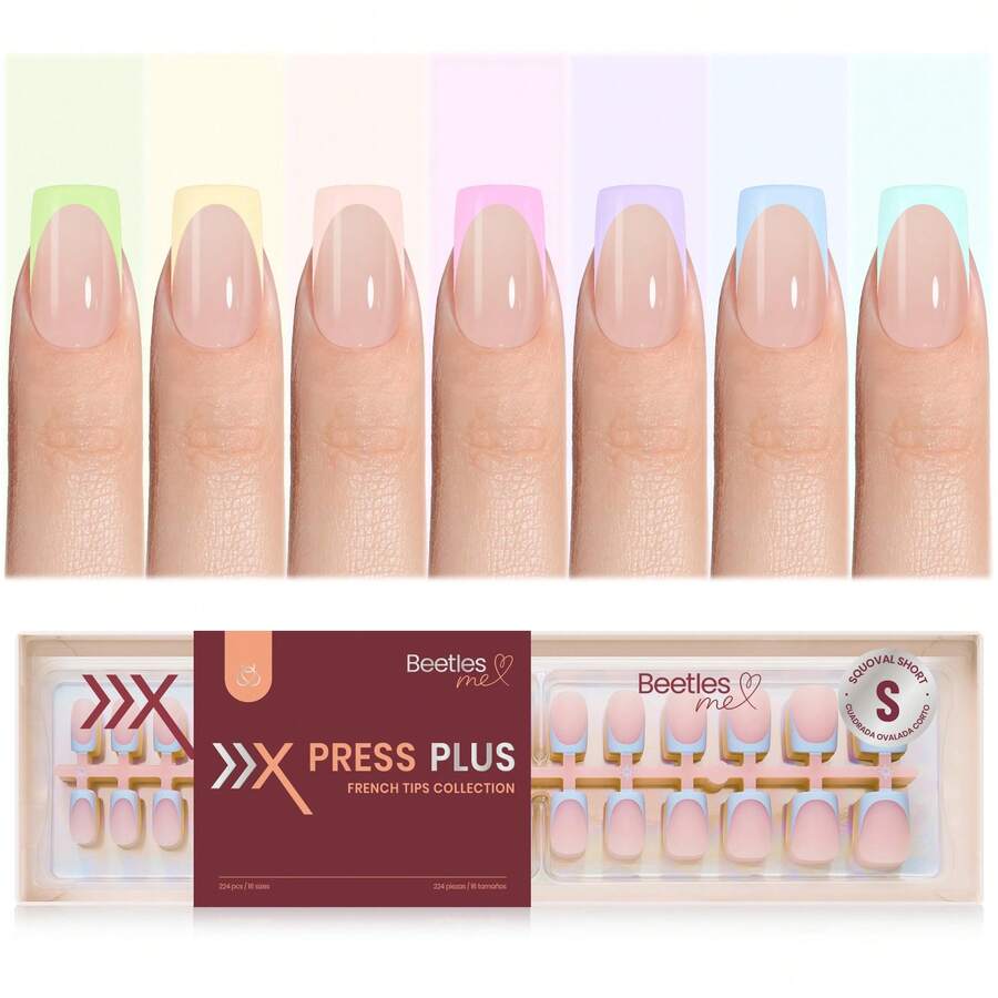 224PCS 7 Colors Beetles Spring Press On Nails, Short Square Classic French Tip Fake Nails, Pastel Romance Macaron Soft Gel False Nail Tips, DIY Nail Art Manicure Gifts For Women - 224 Pcs 7 Colors Short Square - 查看 1