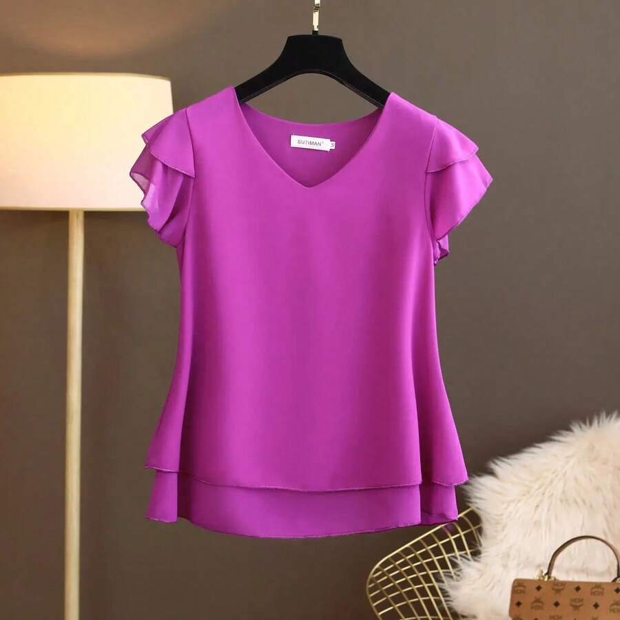 2026 nueva blusa de verano para mujer, camisa holgada de gasa con cuello en V, blusa de manga corta para mujer, camisas de gran tamaño, tops y blusas para mujer - rosa roja - Ver 1