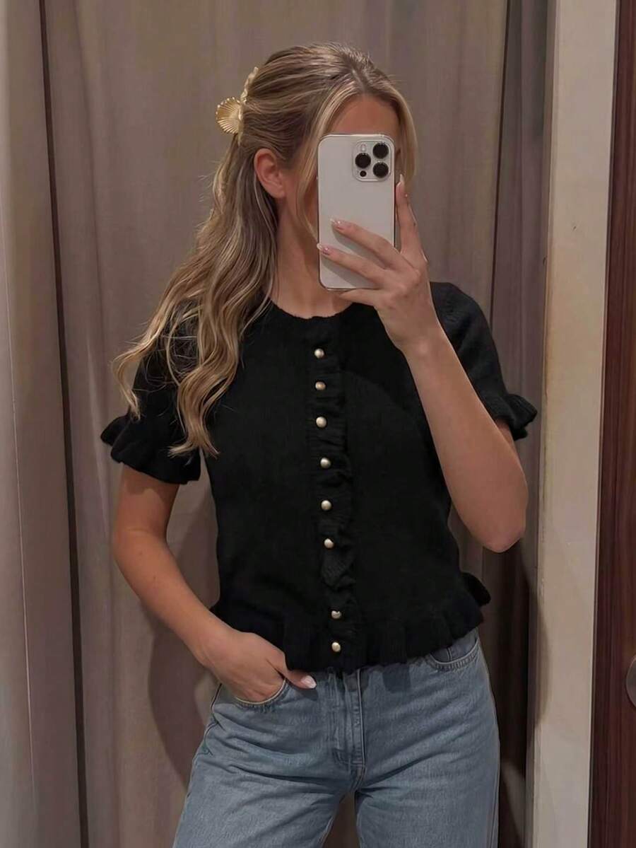 Women's Vintage Chic Round Neck Short Sleeve Knit Cardigan, With Ruffle Ears Design And Metal Buttons, An Elegant And Soft Sweater For Spring/Summer Black