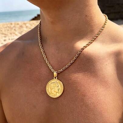 1 pieza Diseño en relieve vintage de Napoleón, cadena retorcida chapada en oro de acero inoxidable 304, estilo versátil que no se desvanece, adecuado para vacaciones en la playa y uso casual, que muestra un gusto único