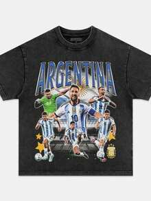 Vintage Washed Cotton Short Sleeve Argentina Football Graphic Tee Casual Round Neck Pullover Streetwear - 黑色 - 查看 1
