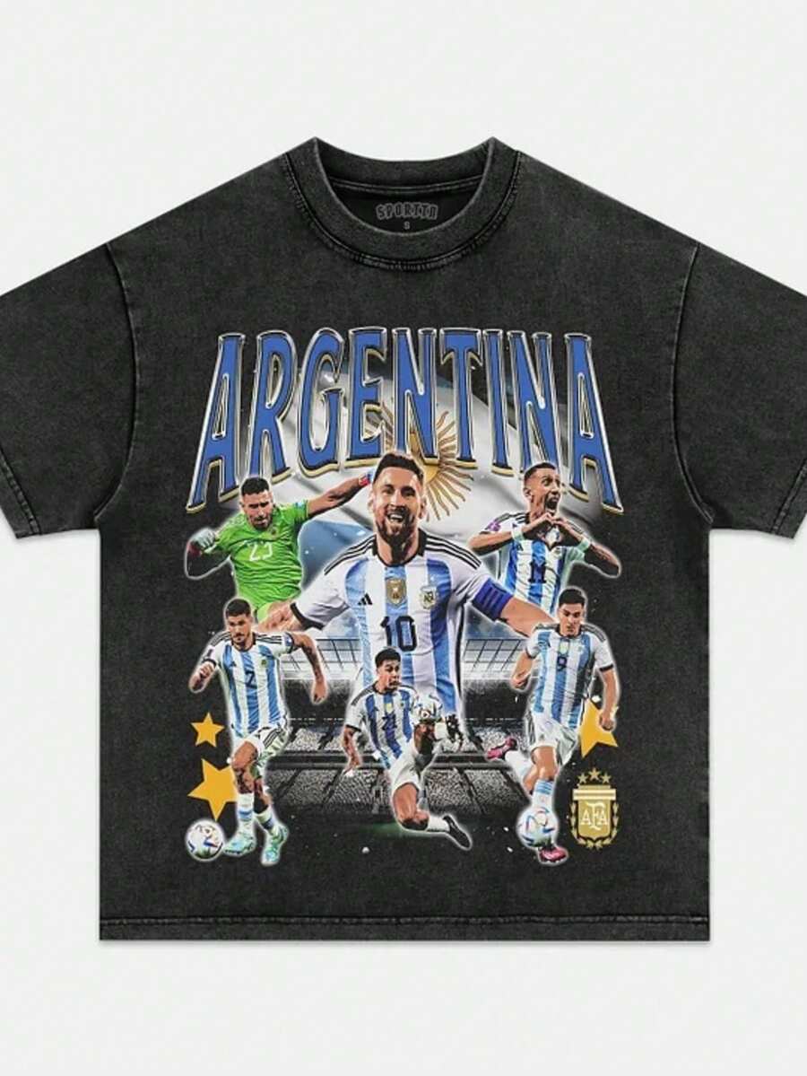 Vintage Washed Cotton Short Sleeve Argentina Football Graphic Tee Casual Round Neck Pullover Streetwear - 黑色 - 查看 1