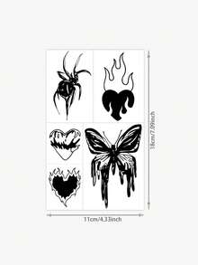 1 Tattoo Sticker Dark Graffiti Style Spider, Fire, Heart, Butterfly Collection Temporary Tattoo Sticker, Washable PVC, Single-Use Waterproof And Sweatproof For Arms, Waist, Abdomen, Back, Legs, Non-Reflective, Realistic Tattoo, Suitable For People, Daily Use, Lasts 3-5 Days - Black - View 2