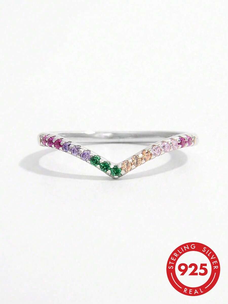 1pc 925 Sterling Silver Shallow V-Shaped Diamond Ring, Suitable For Daily Wear And Party, Vintage High-End Style, Jewelry Gift - Silver - View 1