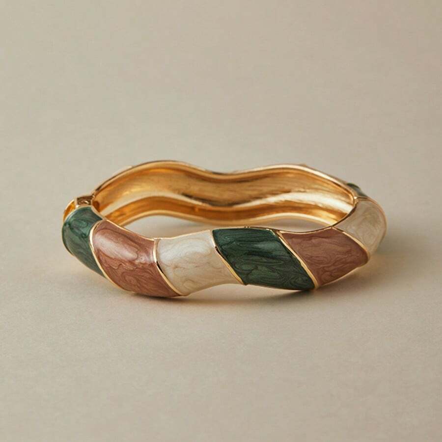 ORNAPEADIA 1 buah Gelang Bangle Terbuka Enamel Marmer Bergelombang Vintage, Aksesori Pergelangan Tangan Retro Nuansa Emas yang Dipersonalisasi untuk Wanita