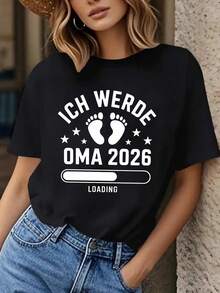 Ich Werde Oma 2026 T-shirt con impresión de letra, manga corta cuello de tripulación Top casual para verano y primavera, ropa de mujer - Negro - Ver 2