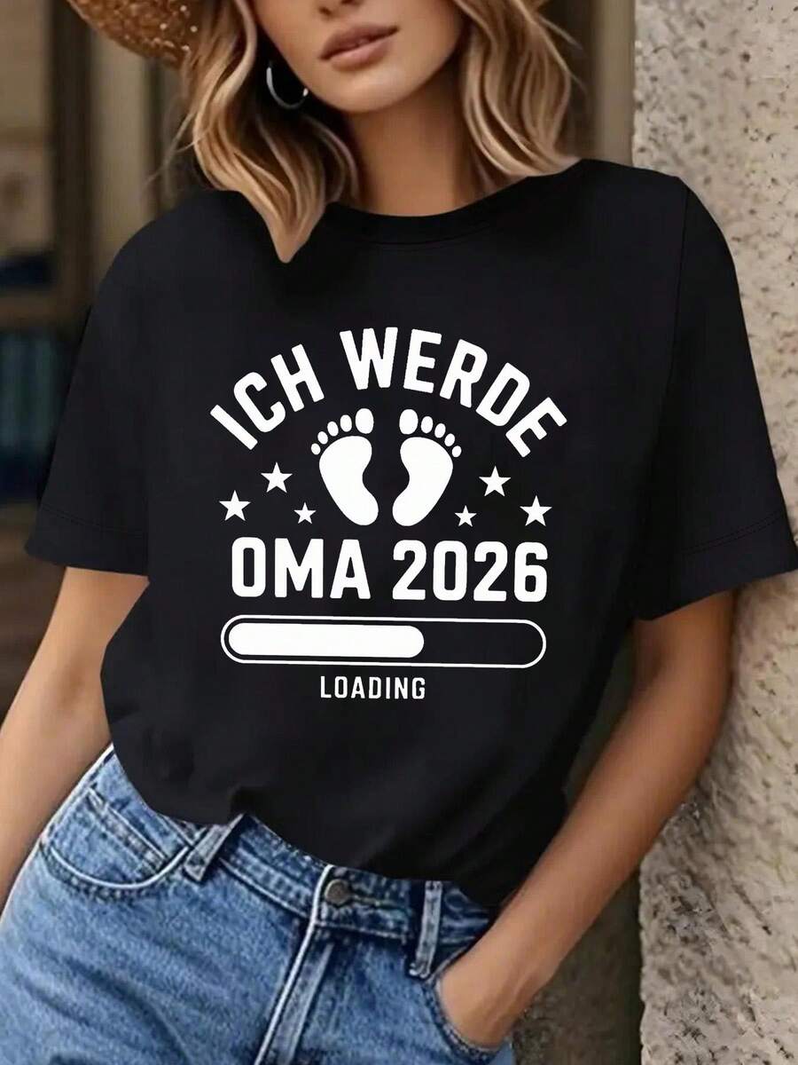 Ich Werde Oma 2026 T-shirt con impresión de letra, manga corta cuello de tripulación Top casual para verano y primavera, ropa de mujer