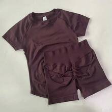 Conjunto Deportivo de Yoga para Mujer STOUREG, Ropa Deportiva de Punto sin Costuras, Top Corto de Manga Corta, Leggings Cortos para Gimnasio - color trufa - Ver 14